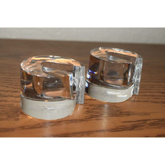 Art Deco Val st Lambert Crystal Candle Holder Set of 2 Belgian Signed 1980's - Picture 7 of 9